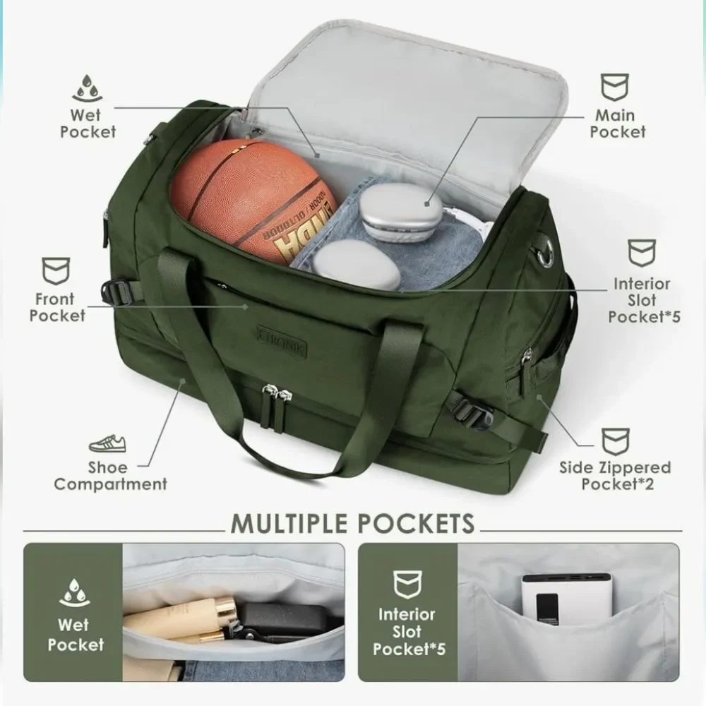 Weekender Travel Bag with Shoe Compartment. 21.3x9x13.8 inches